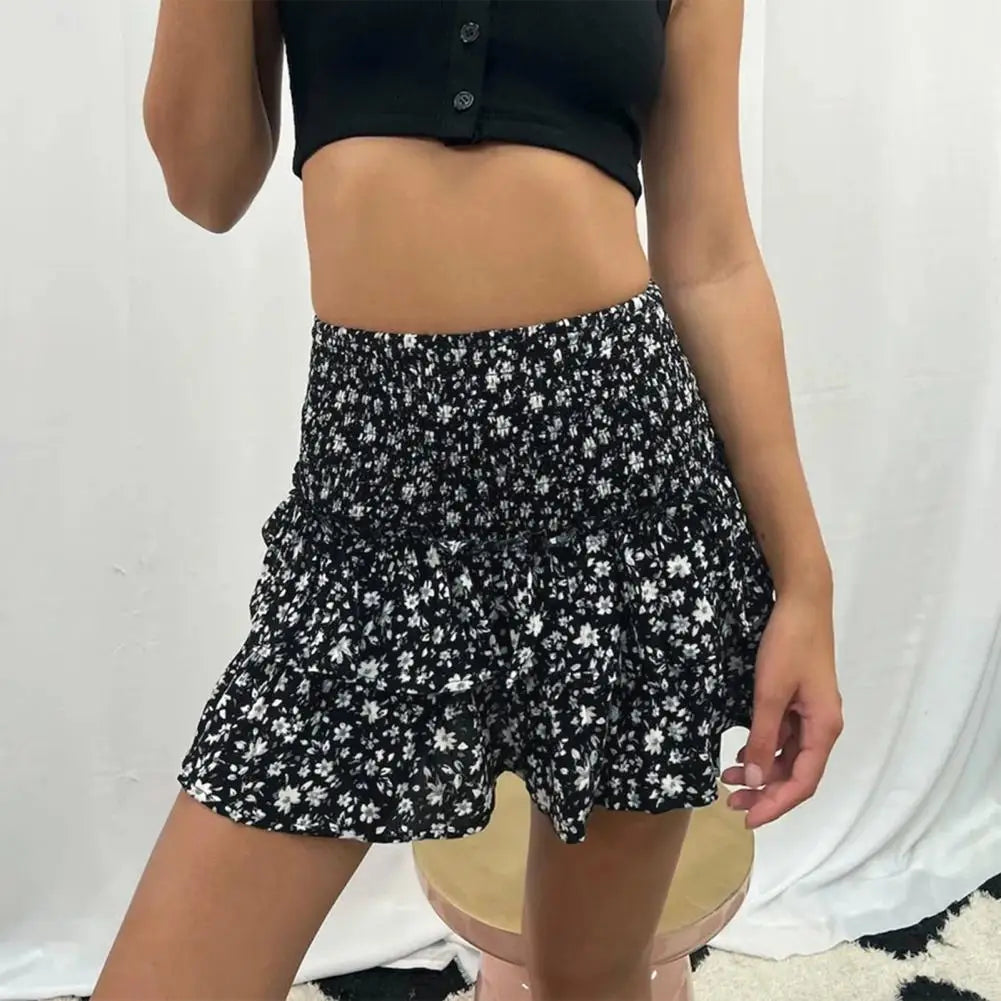 Summer Beach Bohemia Pleated Skirt Ruffles Floral Printed Mini Skirt Elegant