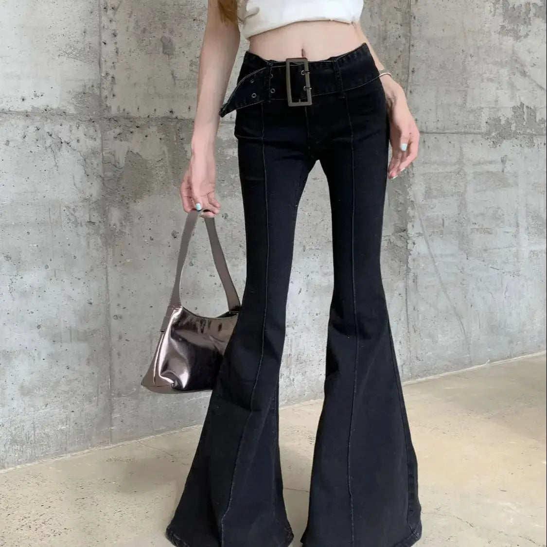 Flare Jeans Low Waist Bandage Bottoms Slim Women's Black