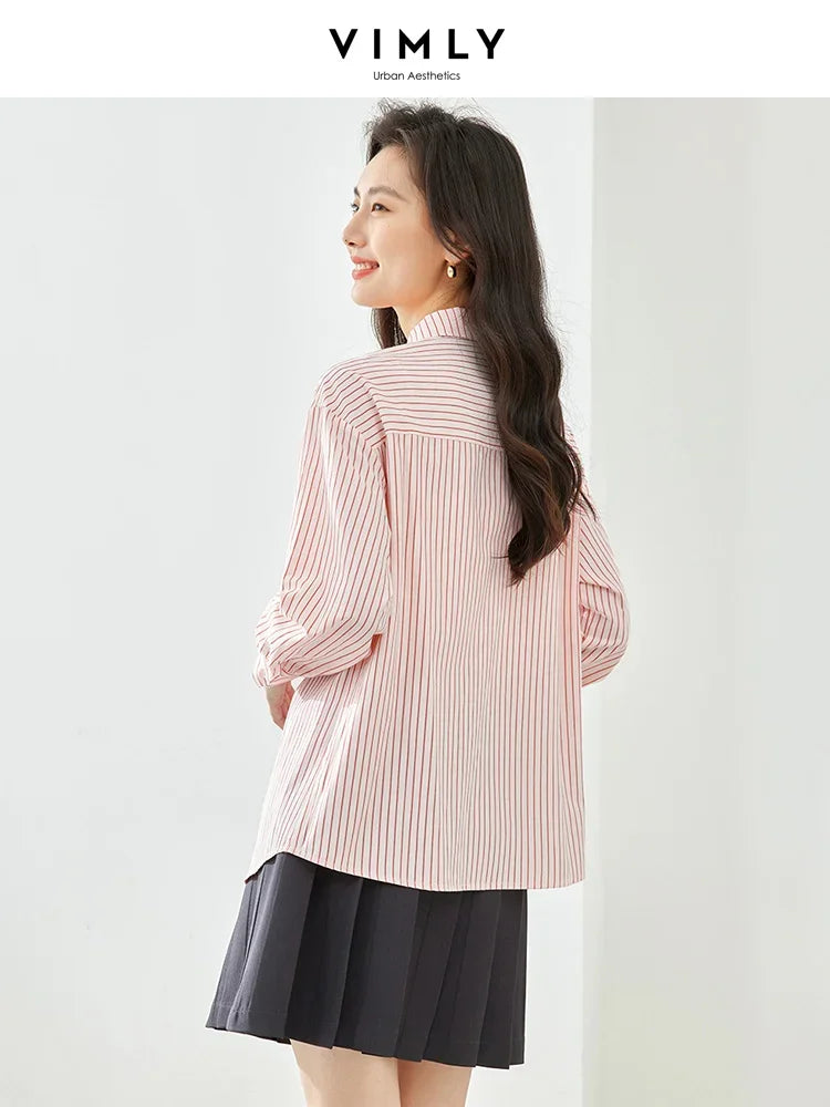 Vimly Women's Cotton Blend Pink Striped Button Up Shirt 2023 Fall Fashion Long Sleeve Tops for Women Shirts & Blouses M1280