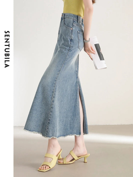 Sentubila Split Trumpet Denim Skirt Women's Comfort Cotton