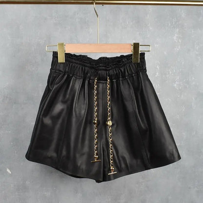 Women's Leather Shorts Sheep Skin Elastic Waist Wide Leg