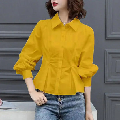 Lady Shirt Spring Fall Blouse Big Hem OL Style Solid Color Women Office Shirt Collar Commute Lady Office Shirt Women Garment