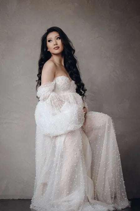 Photography Props Maternity Dress - Pearl White Yarn Babyshower Gown