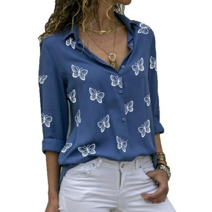 Women Long Sleeve Blouse Oversized Spring Autumn Turn Down Collar Loose Office Lady Casual Butterfly Printing Basic