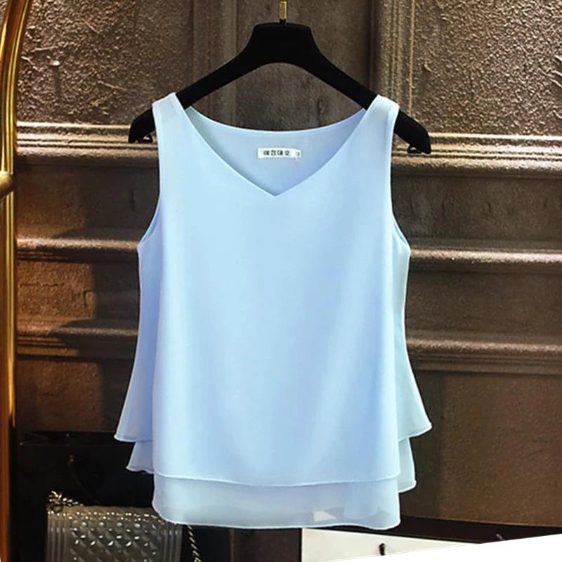 2024 Fashion Brand Women's Blouse Tops Summer Sleeveless Chiffon Shirt Solid V-neck Casual Blouse Plus Size 5XL Loose Female Top