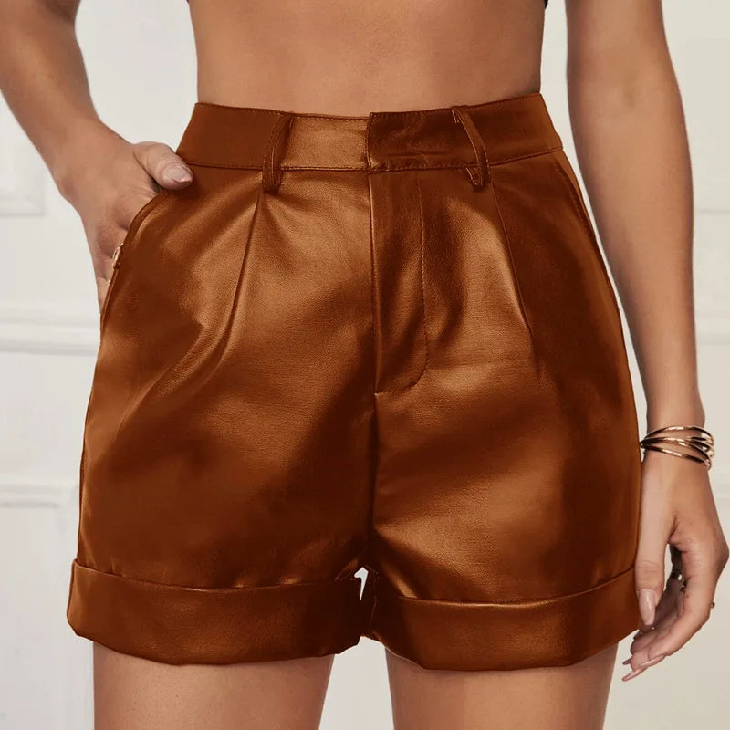 Pu Leather Shorts Woman All Season Ladies Mid Waist