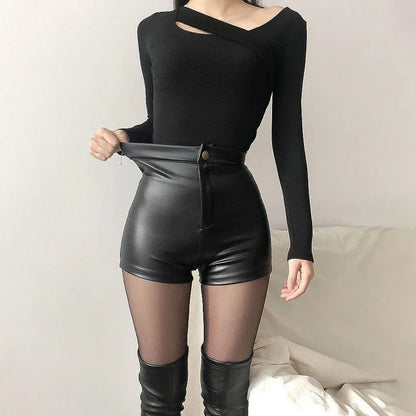 Sexy Black Pu Fashion Casual Summer Faux Leather Shorts