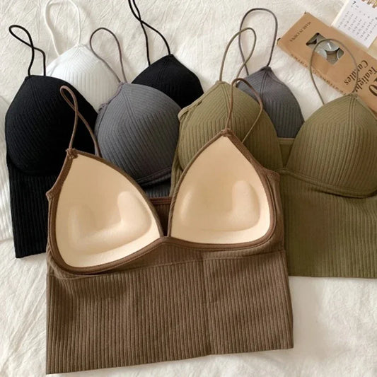 Summer Ladies Camisole Slim Fit Sexy Stretch Push Up Bra with Chest Pads Knitted Crop Top Short Tube Top V-Neck Tops Bralette