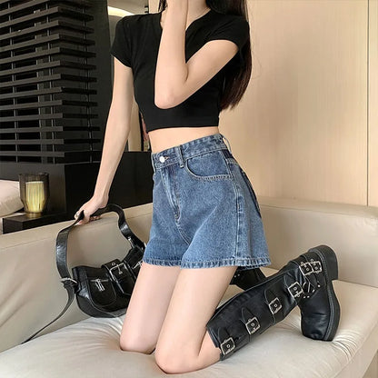 Blocking Retro Denim Shorts Women's Summer High Waisted Baggy