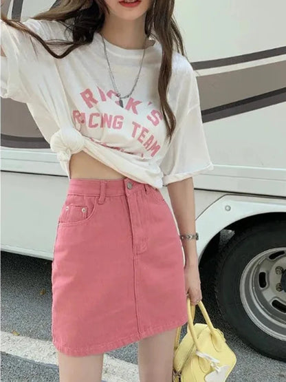 Jmprs Sweet Pink Women's Denim Skirts High Waist Student