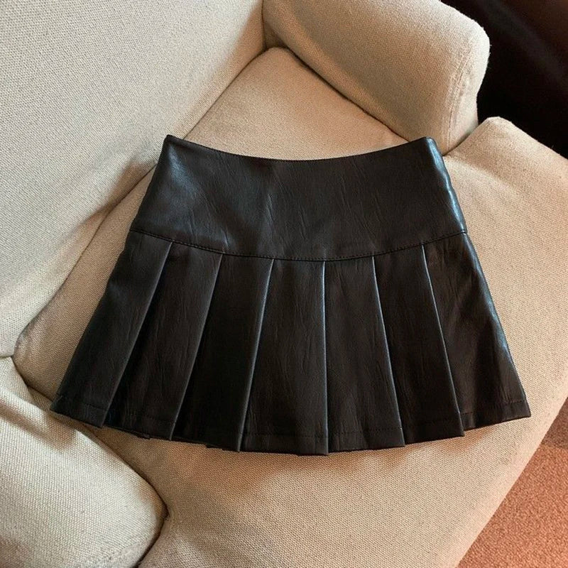 Leather Mini Skirt Women's High Waist Pleated Streetwear Black