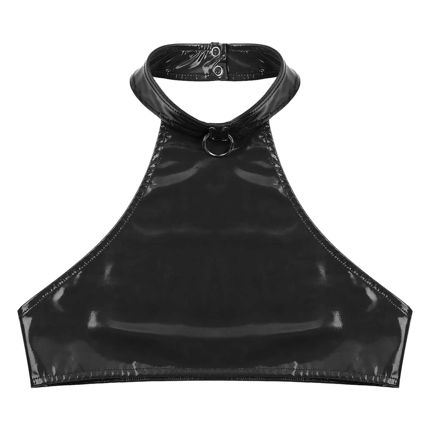 Sexy Womens Crop Tops Fashion O Ring Halter Neck Vest Backless Sleeveless Patent Leather Tank Tops for Party Club Music Festival