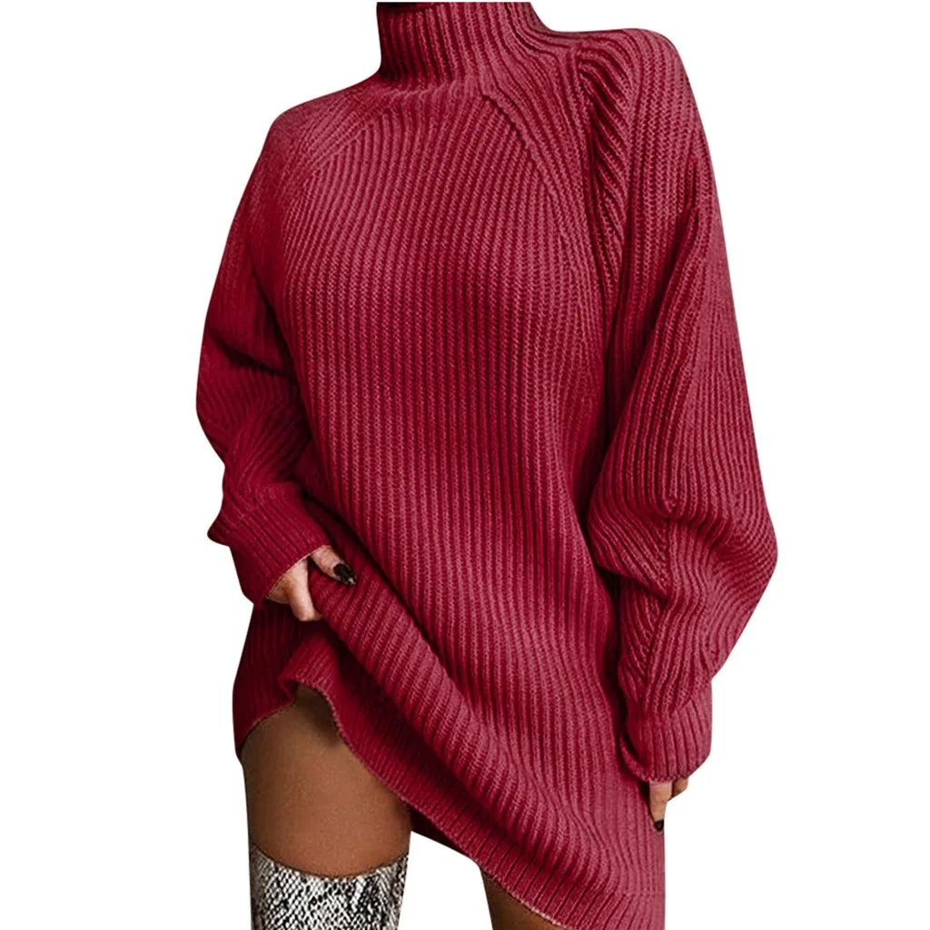 Solid Sweater Sleeve Dress Pullover Turtleneck Loose Long Women Winter Fashion Sweater Sweater Dress for Women Knee Length