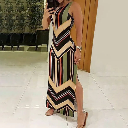 Colorblock Maxi Dress - Striped Side Slit Sleeveless