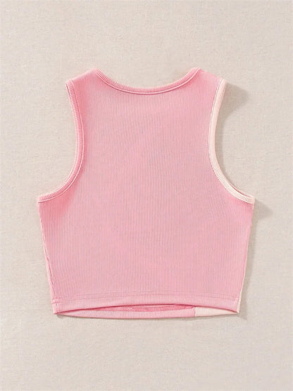 Women's Ribbed Knit Pink Tank Top O-neck Sleeveless Cute Baby Tee Y2K Clothes Summer Patchwork Color Block Crop Top T Shirt