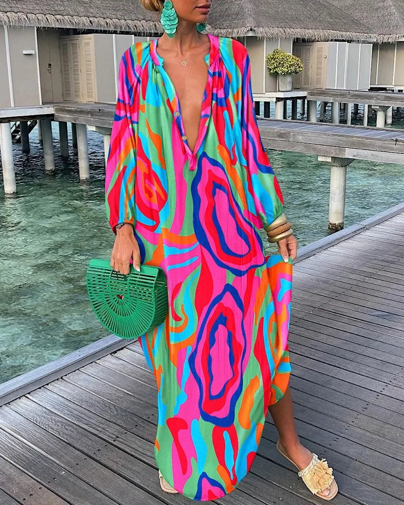 Summer Casual Maxi Dress - V-Neck Loose Retro