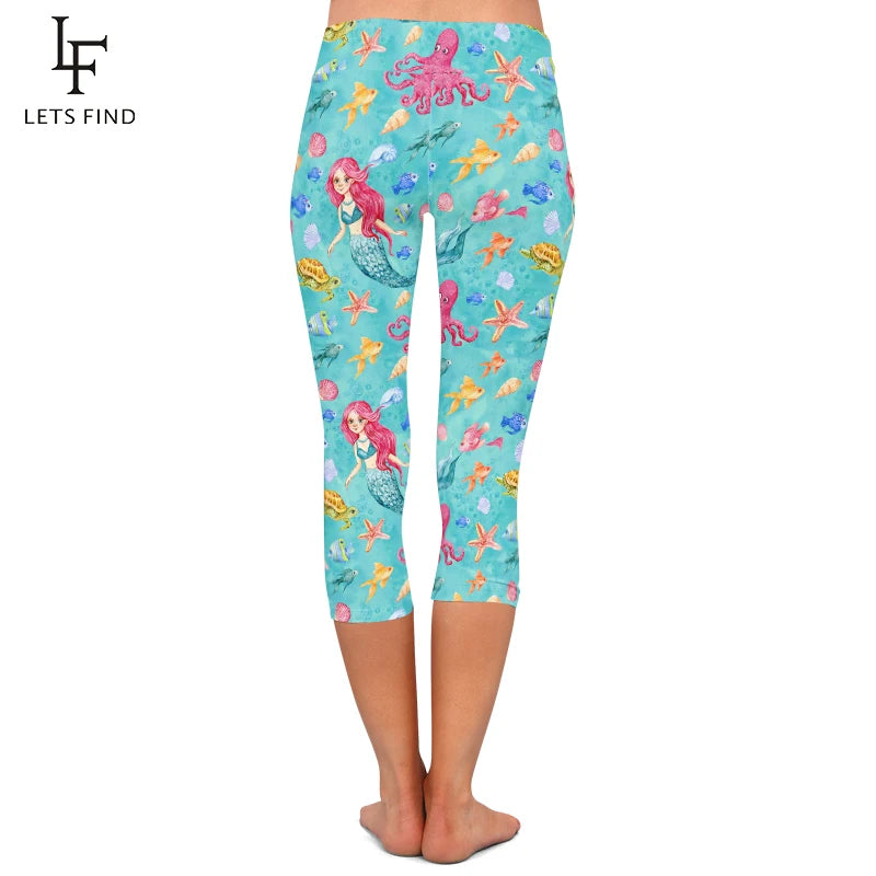 Milk Silk Mermaid Print Capri Leggings High Waist Mid-Calf