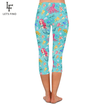 Milk Silk Mermaid Print Capri Leggings High Waist Mid-Calf