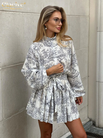 Loose Print Women's Dress Fashion Stand Collar Puff Sleeve