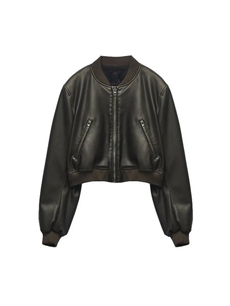 Women's PU Leather Jacket - Streetwear Bomber, Zipper Stand Collar