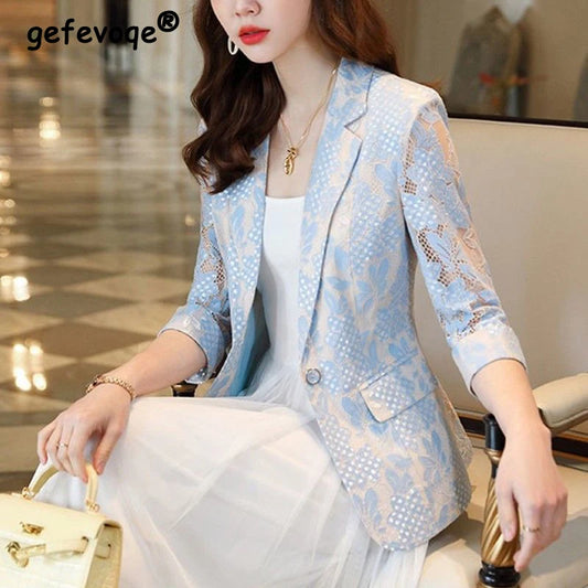 Summer Lace Hollow Out Blazers Ladies Long Sleeve Casual Suit Cardigan Top