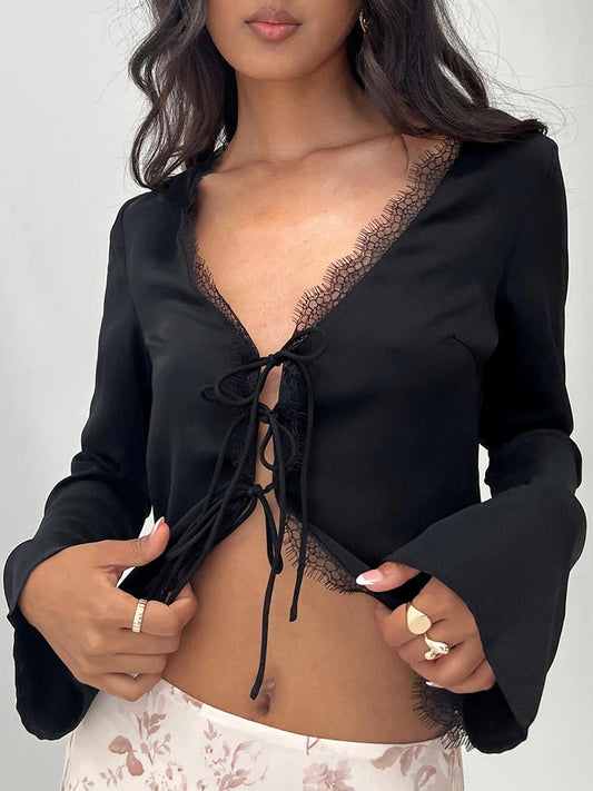 Women Crop Long Sleeve Tops Lace Eyelash Trim Tie Front Shirt Casual Cardigan for Club Streetwear Aesthetic Clothes