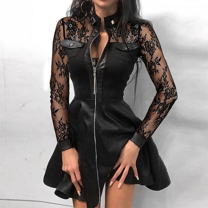 Sexy Lace Mesh Long Sleeve Dress - Patchwork Party Dress, PU Leather Mini Dress