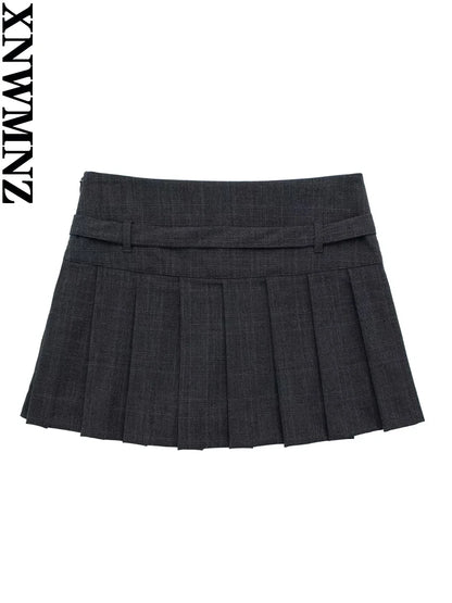 Women's Fashion Autumn Box Pleat Skort Vintage Belt Mini Skirt