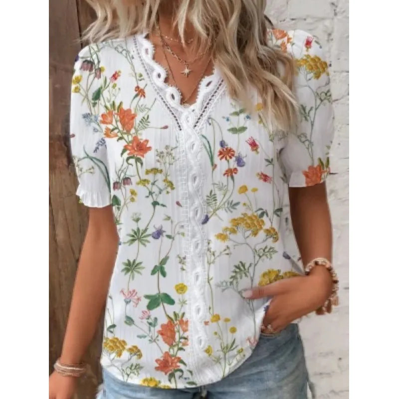 Elegant Blouse Printed Short Sleeve Shirts 2023 Summer Office LadyV Neck Lace Panel Shirt S-XXL