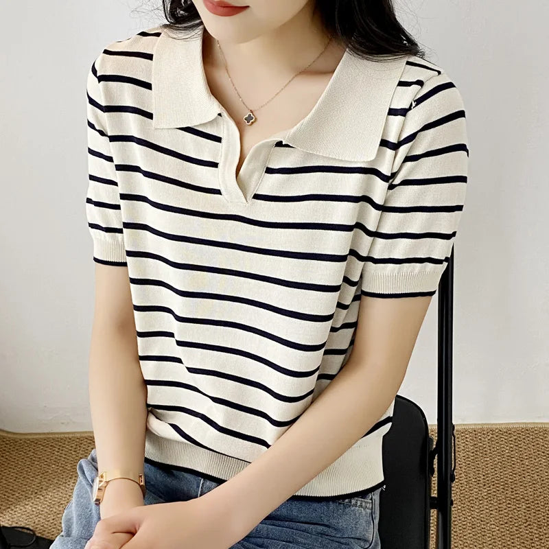 Women  Summer  POLO T-Shirt Causal Cotton Short Sleeve Lady T Shirt Striped Summer Female Trendy Fashion Top Tee