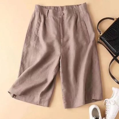 Linen Suit Shorts Elastic Waistband High Waist Straight Leg