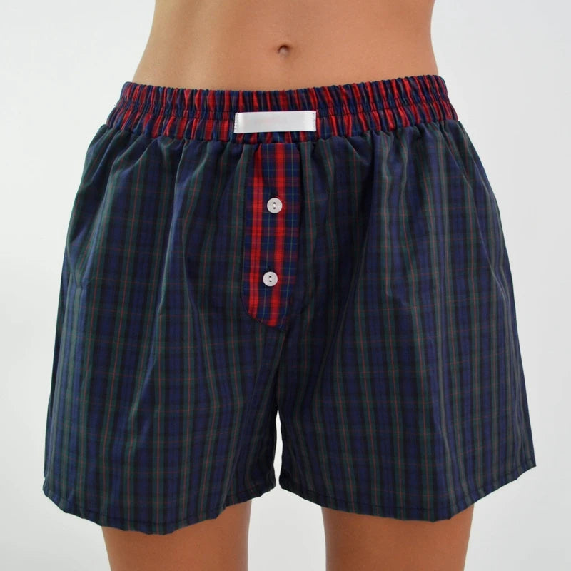 Plaid Boxers Shorts Casual Buttons Elastic Waist Streetwear Vintage