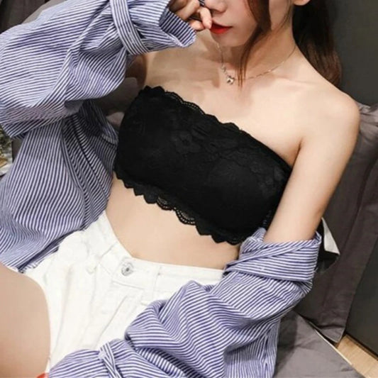 Lace Strapless Bandeau Top With Floral Detailing