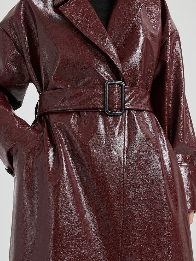 Extra Long Burgundy PU Leather Trench Coat - Women's Belted Designer Maxi Overcoat