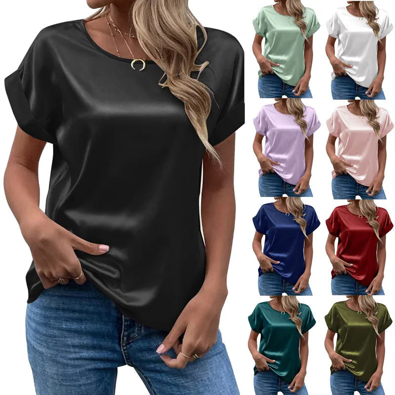 Elegant Women's Blouse Solid Tees 2023 Summer Lady Short Sleeve Satin Shirt Loose Casual Round Neck T-shirt Tops S-XXL