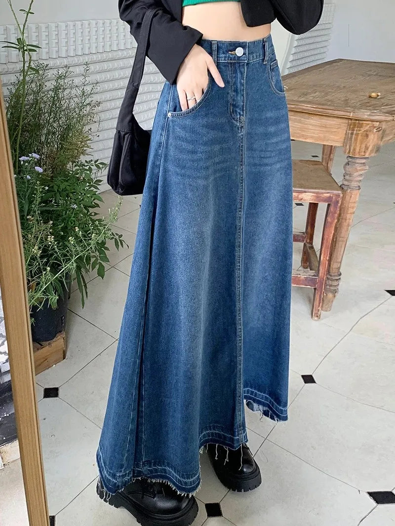 Zhisilao A-Line Long Denim Skirt Women's Vintage Casual Jeans