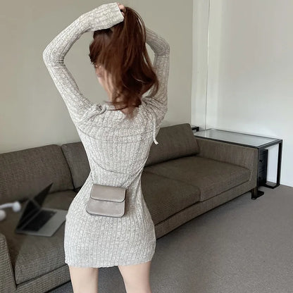 Women Long Sleeve Tight Dress Split Short Slim Fit Dress Lady Autumn Hanging Neck Dress Sexy Party Halter Elastic Bodycon Dress