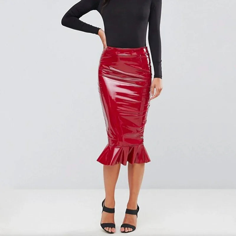 Faux Latex Hobble Skirts Women's Shiny Ruffles Midi