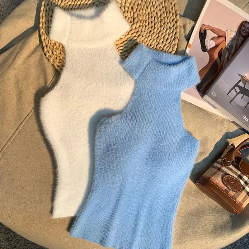 Spice Girl Hair Halter Neck Camisole Female Imitation Mink Inside Tank Top  Autumn and Winter Design Sense Knitted Bandeau Top