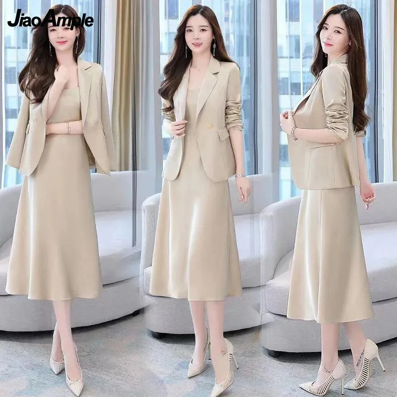 Autumn Winter Suit Jacket Dress Set - Korean Blazers, Suspender Midi Skirt