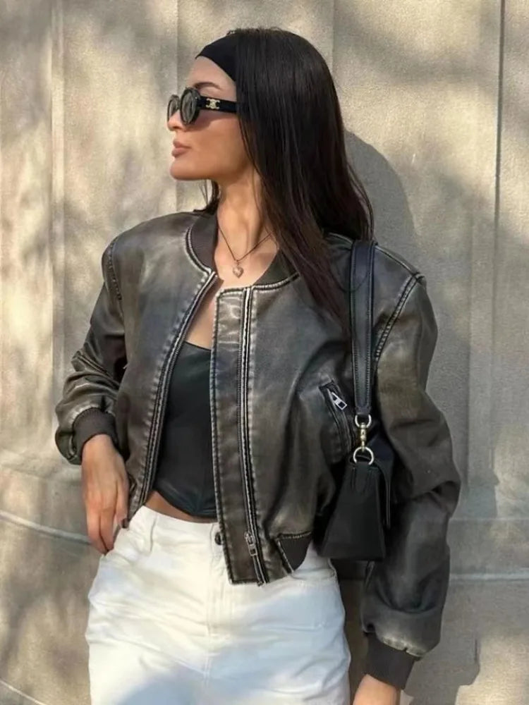 Women's PU Leather Jacket - Streetwear Bomber, Zipper Stand Collar