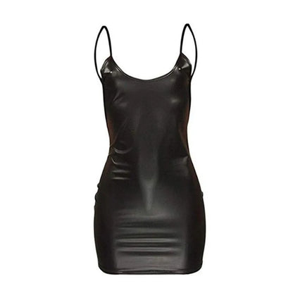 Sexy Faux Leather Dress Backless Club Party Short Dress Black Wet Look Bodycon