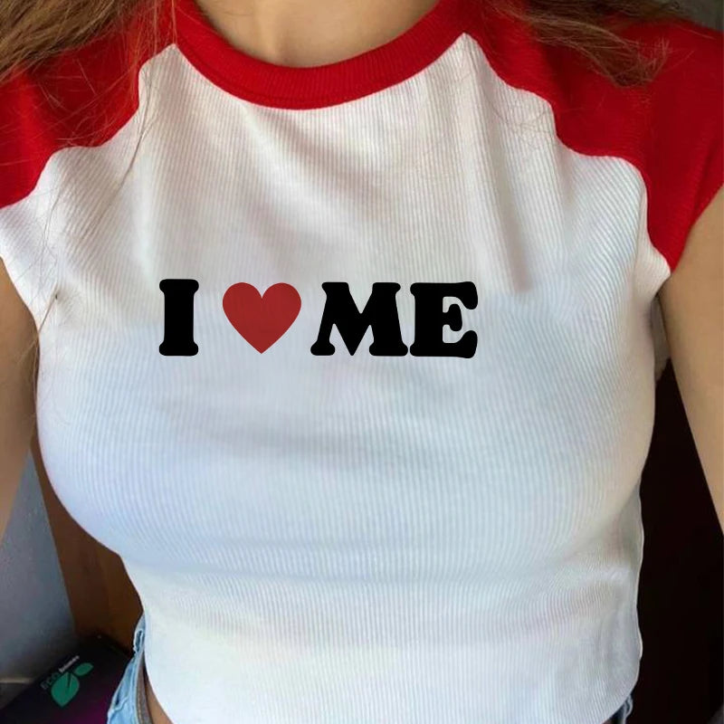 I LOVE ME Fashion Letter Korean Y2K Tee Sweet Crop Top 2024 Summer Women's Lace Neck Slim T-Shirt Hot Girl Short Sleeve Top