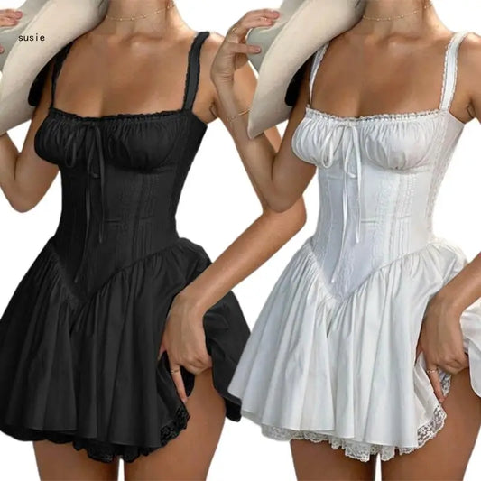 X7YA Summer Sleeveless Mini Dress - Square Neck French Lace Trim Dress