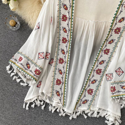 Summer Women's Shirt Bohemian Holiday Style Embroidered Tassel Chiffon Cardigan New Waist Female Slim Short Tops E015