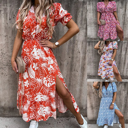 Summer Floral Print Dress Women's V Neck Side Slit Long Dress Elegant Short Sleeve