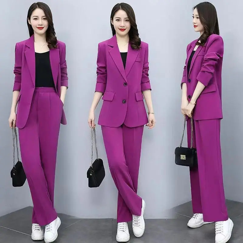 Spring Autumn Thin Women's Blazers Long Pants 2 Piece Set Korean Office Lady Casual Suit Jacket