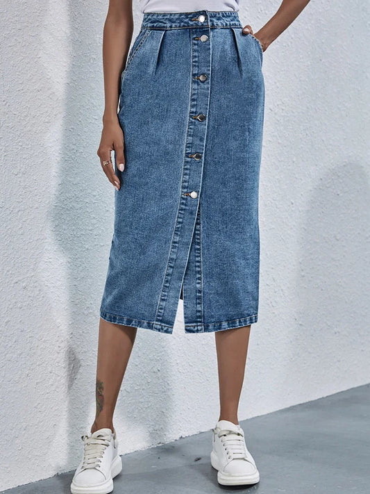 Single Breasted Knee Length Denim Skirt Women's Casual Straight