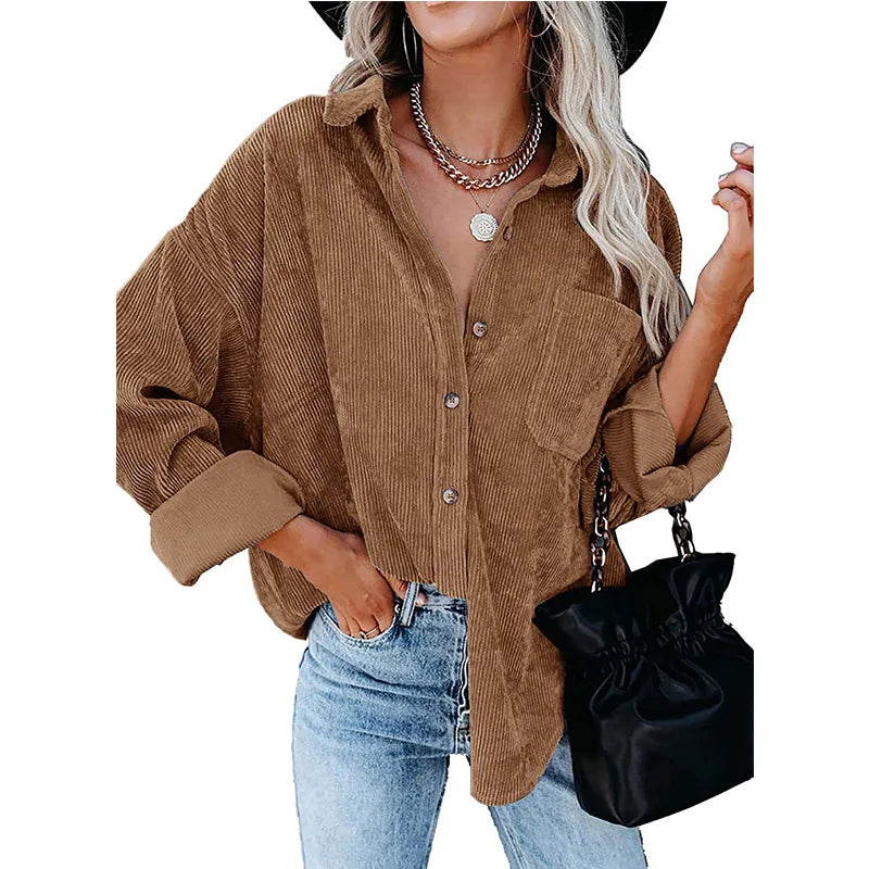 Spring Autumn Women Corduroy Shirt 2024 New Female Pocket Lapel Pure Color Blouses Women Long Sleeve Tops Casual Loose Overshirt