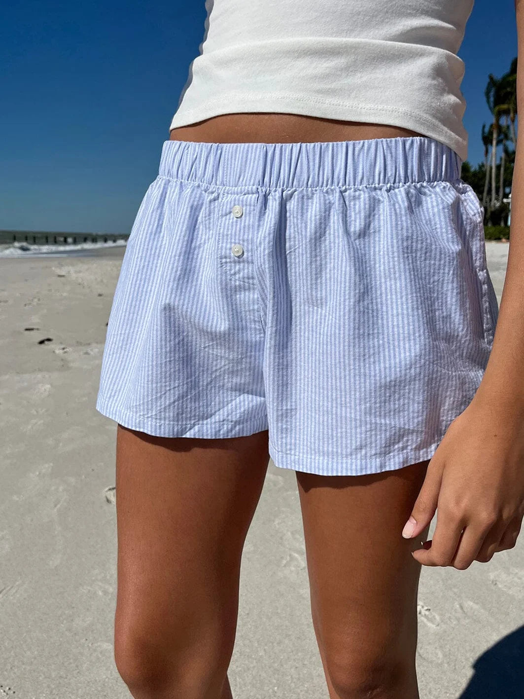 Striped Straight Shorts Women's Summer Elastic Waist Buttons Casual